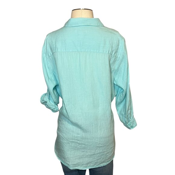 Coldwater Creek aqua linen ¾ adjustable sleeve blouse XL (16) - Picture 3 of 12